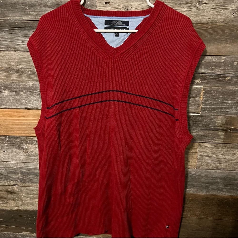 Vintage Tommy Hilfiger Mens XL Faded Cotton Ribbed Knit V-Neck Sweater Vest Red